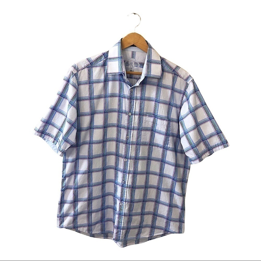 𝅺bugatchi Mens Plaid Classic Fit Short Sleeve Shirt